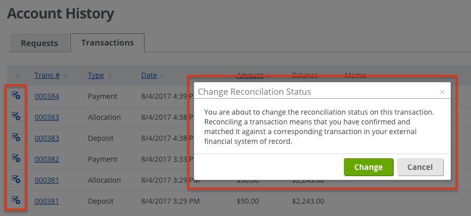 The screenshot displays the alert shown when reconciling a transaction.