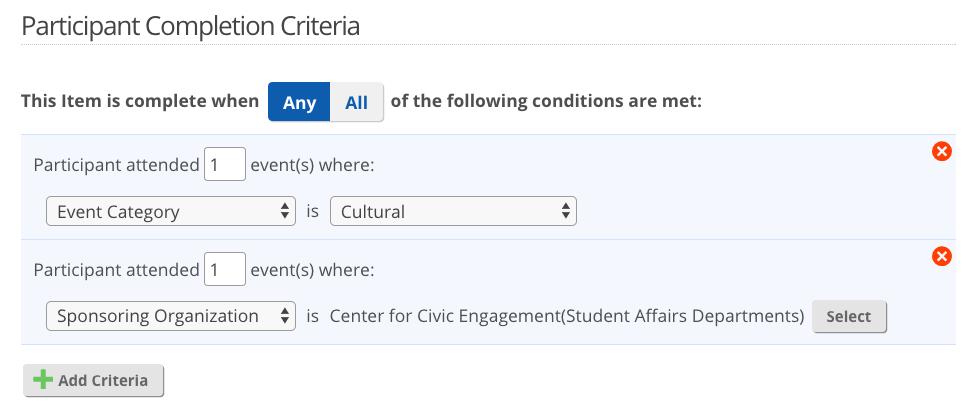 Screenshot of event attendance criteria within Admin