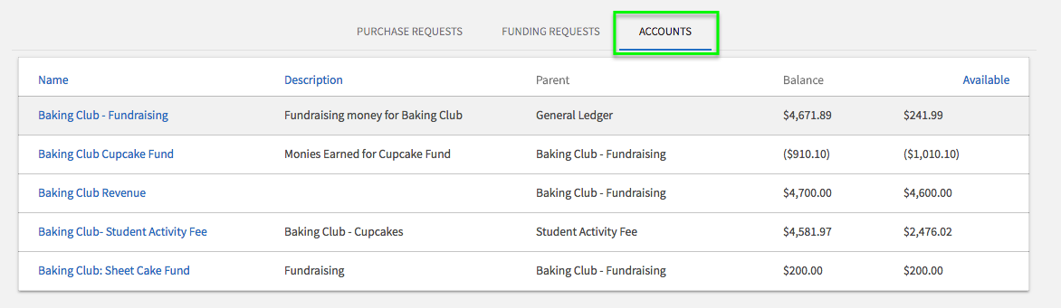 the screenshot shows the accounts tab of an organization