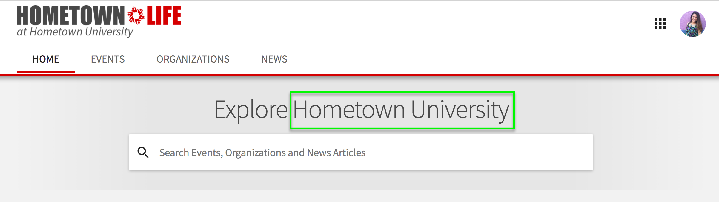 Screenshot highlighting the institution preferred name on the home page search box
