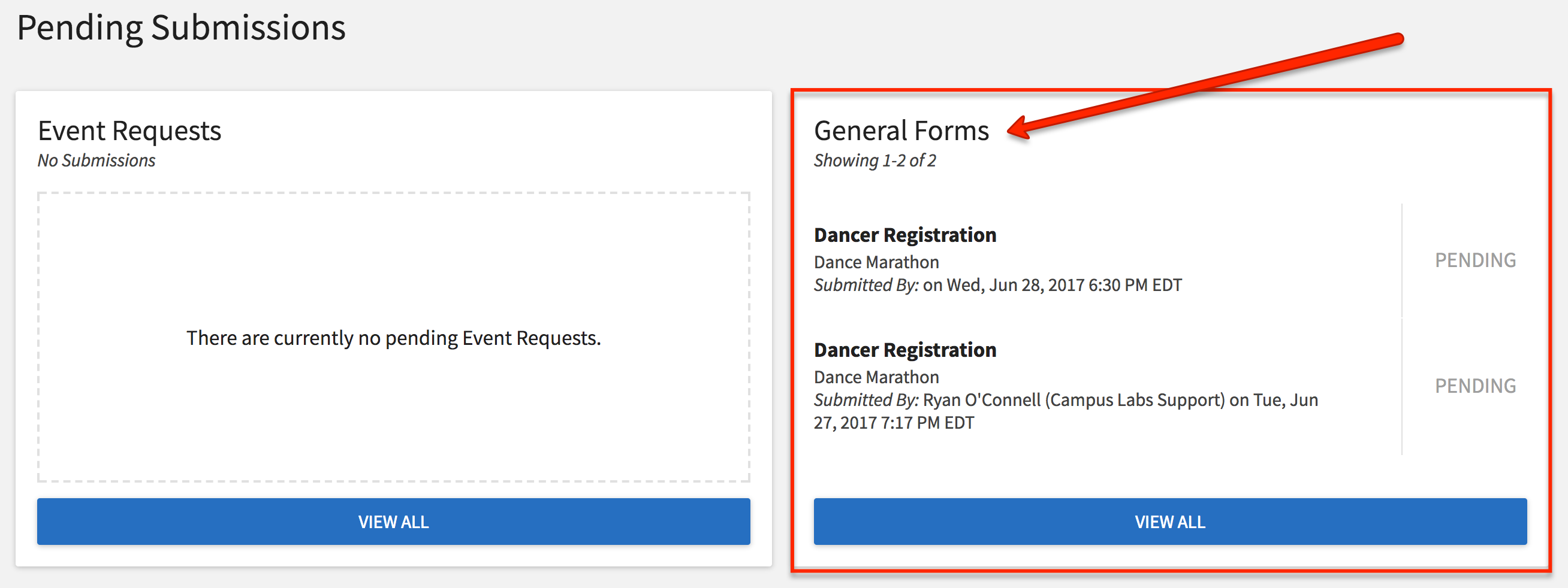 Screenshot of navigating to general forms under the manage view