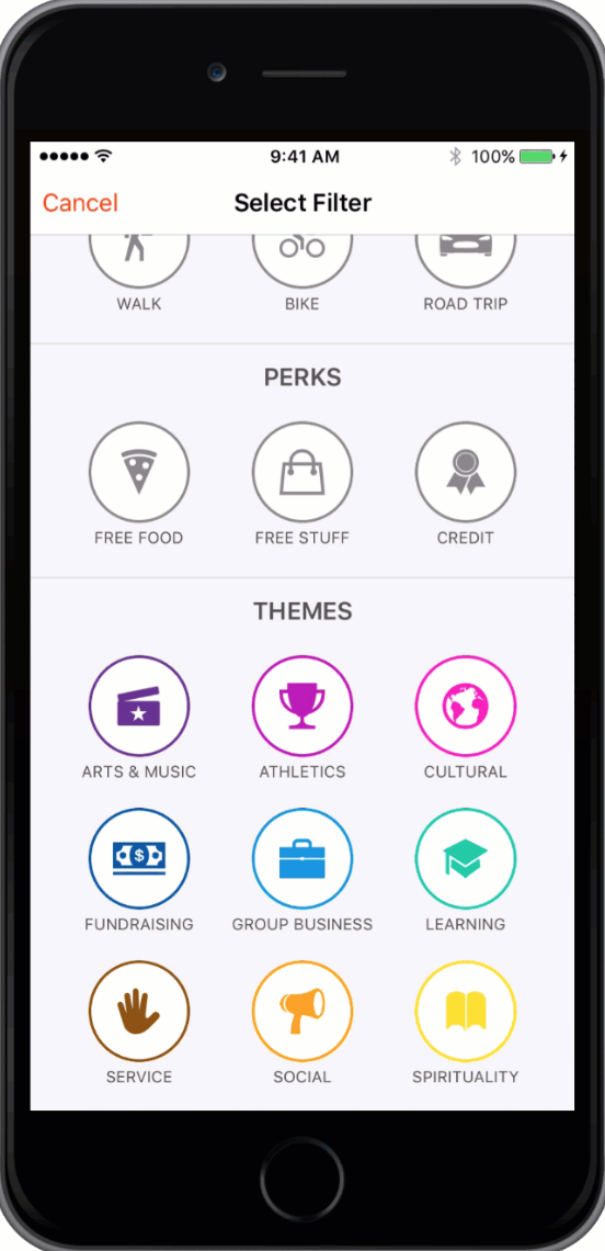 a screenshot displaying the themes filter on the corq app