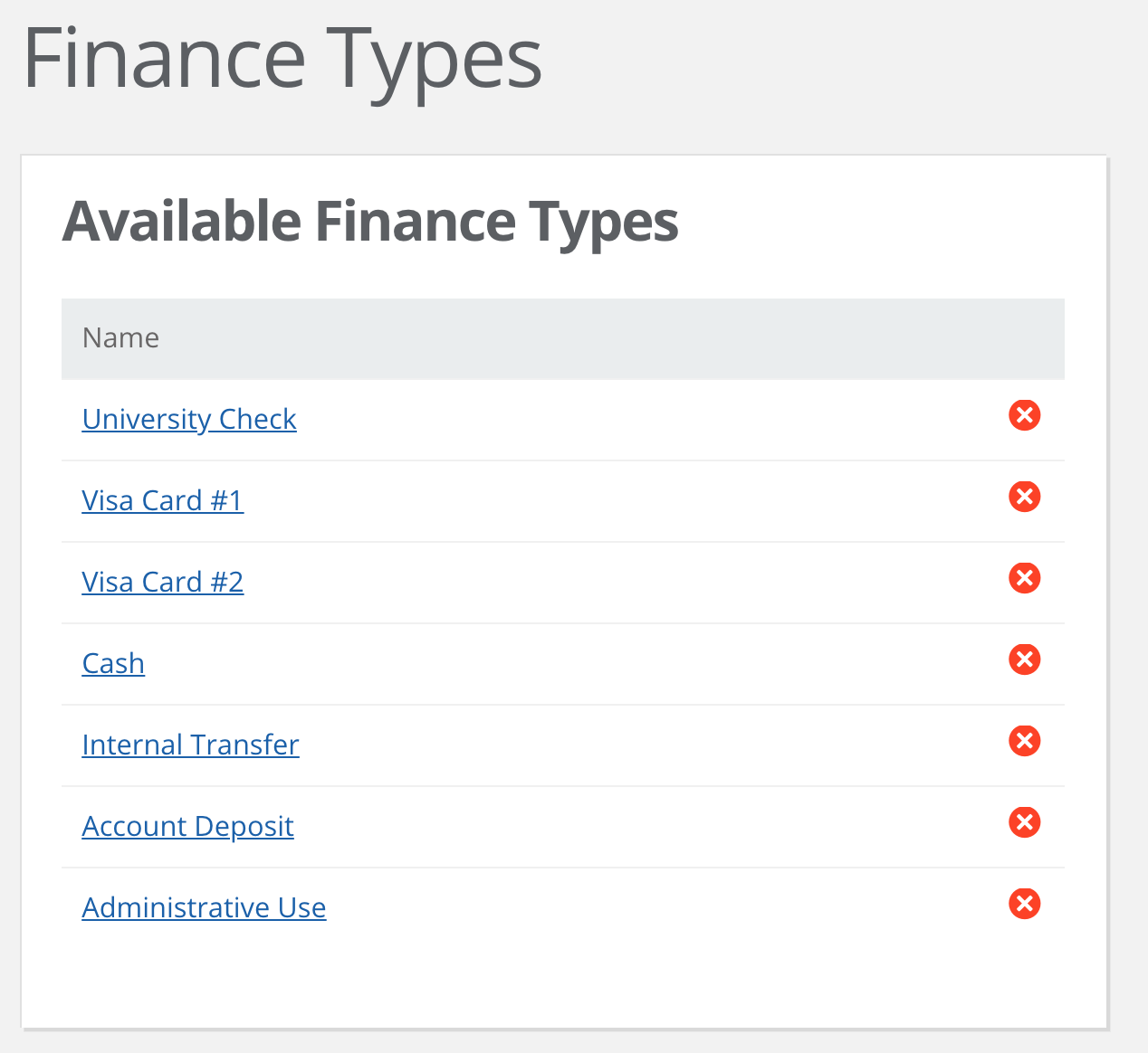 The image shows example Finance Types, such as card, check, or cash.