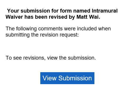screenshot of the email a user receives when their form submission was revised by an administrator.