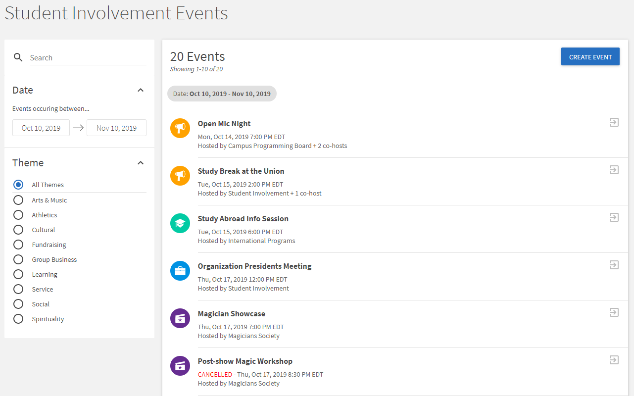a screenshot displaying the branch Events list, including filters by date and Event theme