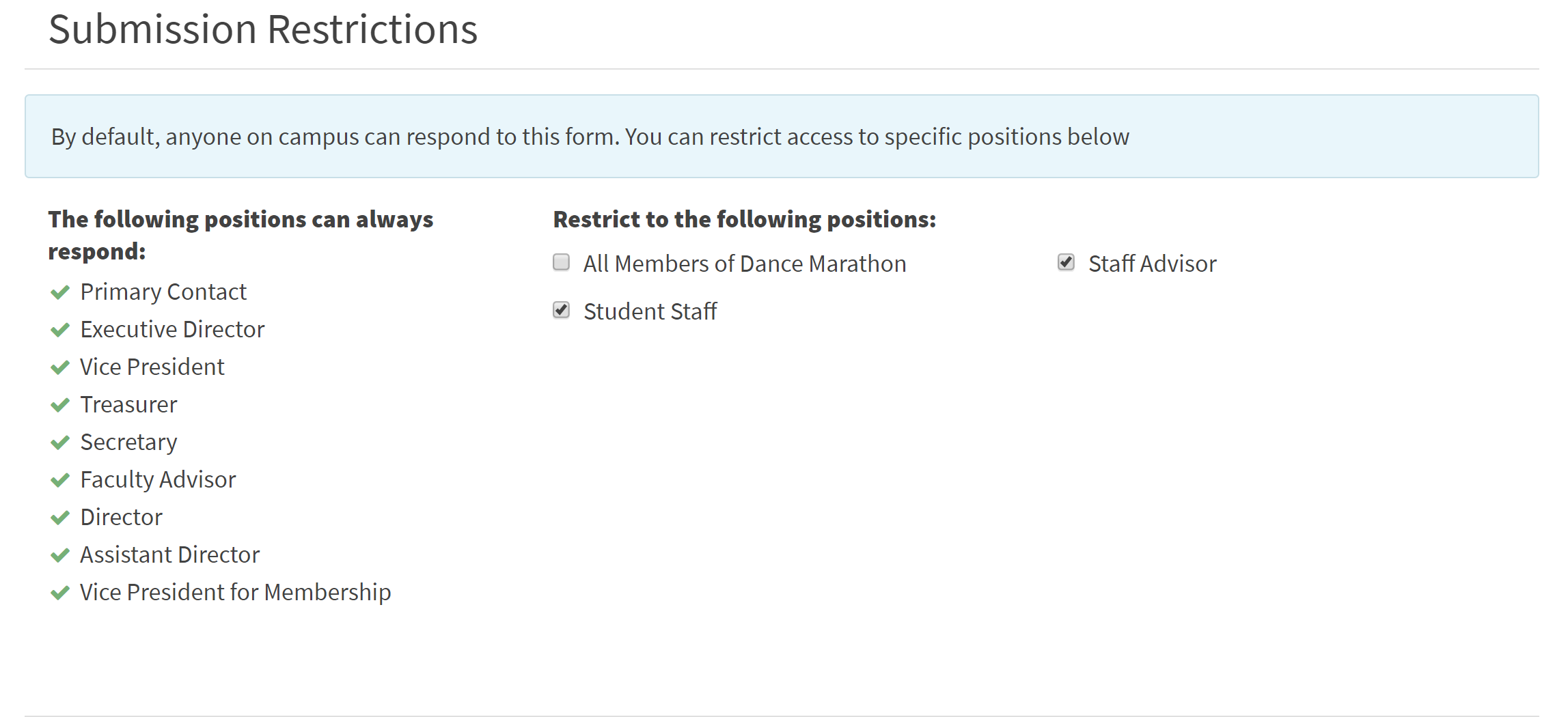 the screenshot shows an organization form's submission restrictions section with staff advisor and student staff checked off